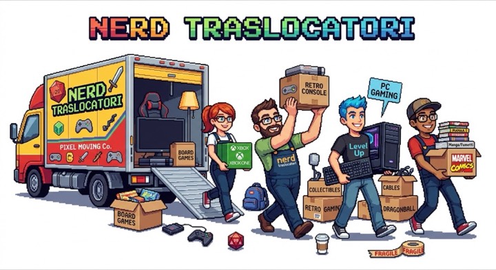Nerd Traslocatori: un camion e quattro traslocatori pixel art che portano scatoloni di console, fumetti e PC